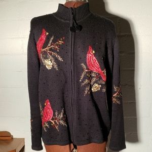 HC 2004 black red cardinal bird beaded sweater M